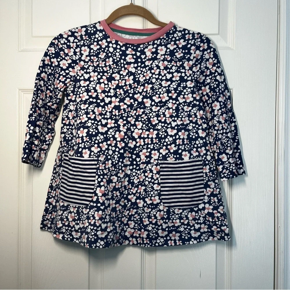 Mini Boden Blue Floral Striped Pockets Dress Size 9-10 140cm